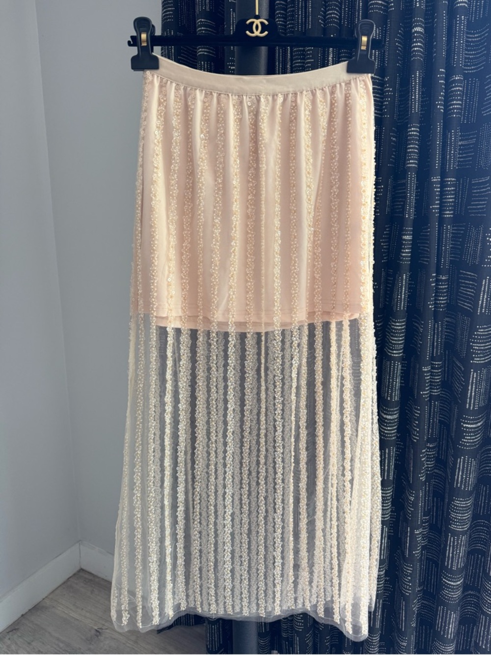Ivory Cream Beaded Sequined Sheer Mesh Mini Midi Maxi Skirt XS Bridal Party Chic